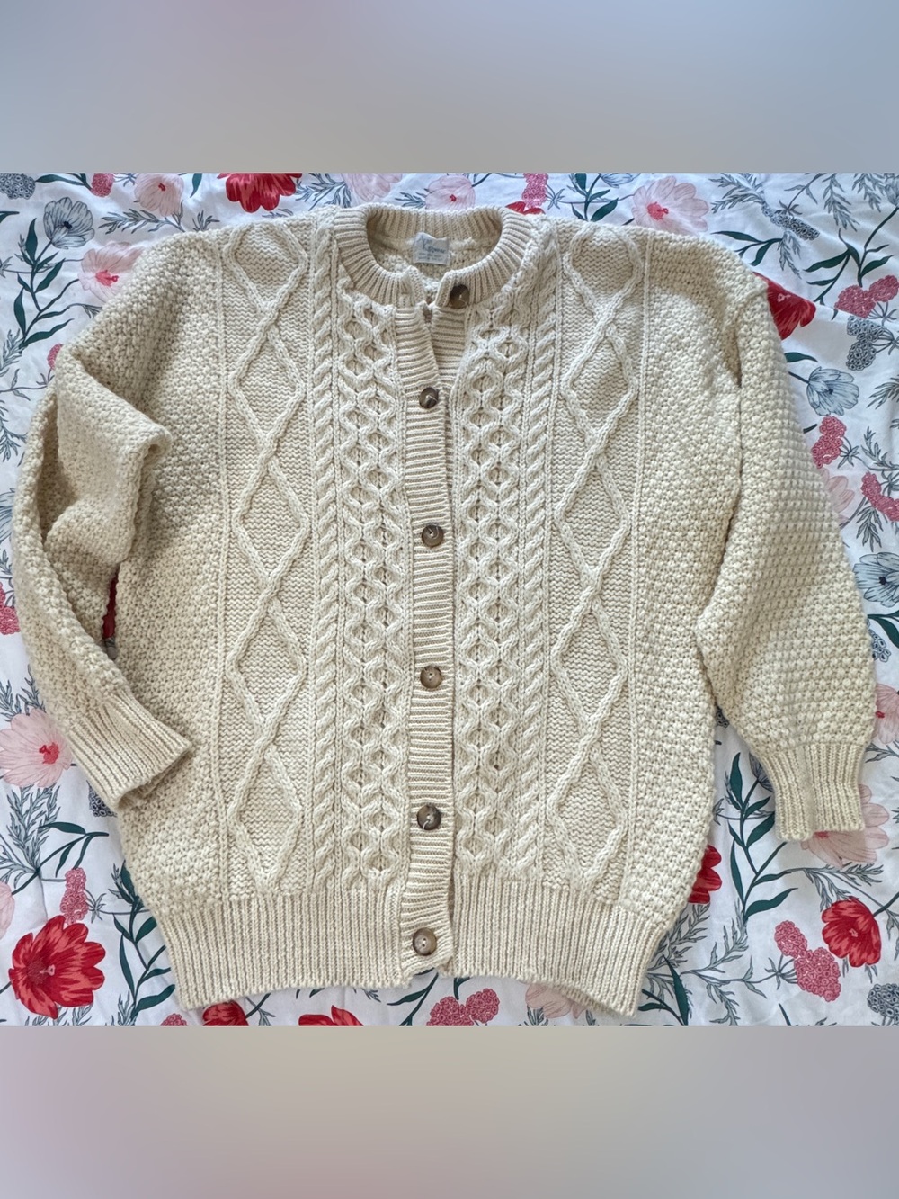 Aran Knitwear Cream Cardigan Argyle UK Pure New Wool Size Large EUC
